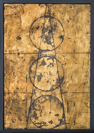 Tanya Bonello, Rising sun 375x260mm, gypsum, gold leaf and oil on board, 2014