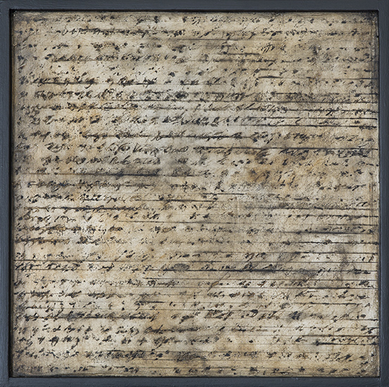 Tanya Bonello, Written 300x300mm, gypsum, silver leaf and oil on board, 2014