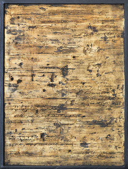 Tanya Bonello, Fine lines with gold, 1000x1000mm, gypsum and oil on board, 2013