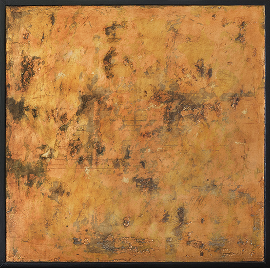 Tanya Bonello, 3 Ages of mankind no2 400x400mm, gypsum, gold leaf, silver leaf, copper leaf and oil on board, 2010