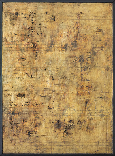 Tanya Bonello, 3 Ages of mankind no14 - a page from the book of ages 605x435mm, gypsum, gold leaf, silver leaf, copper leaf and oil on board, 2011-2014