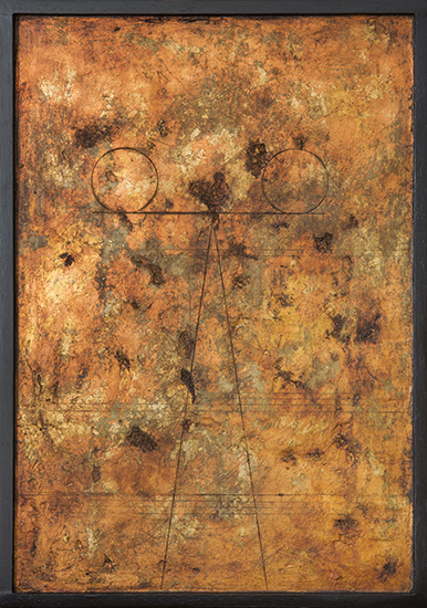 Tanya Bonello, 3 Ages of mankind no17 450x305mm, gypsum, gold leaf, silver leaf, copper leaf and oil on board, 2011