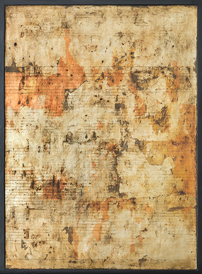 Tanya Bonello, 3 Ages of mankind no7 600x435mm, gypsum, gold leaf, silver leaf, copper leaf and oil on board, 2010