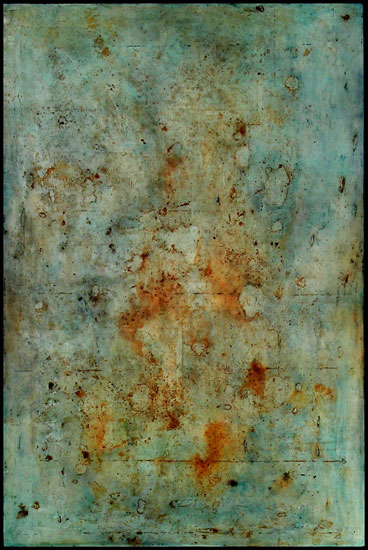 Tanya Bonello, Rust and Indigo, 1155x770mm, gypsum, rust and oil on board, 2004