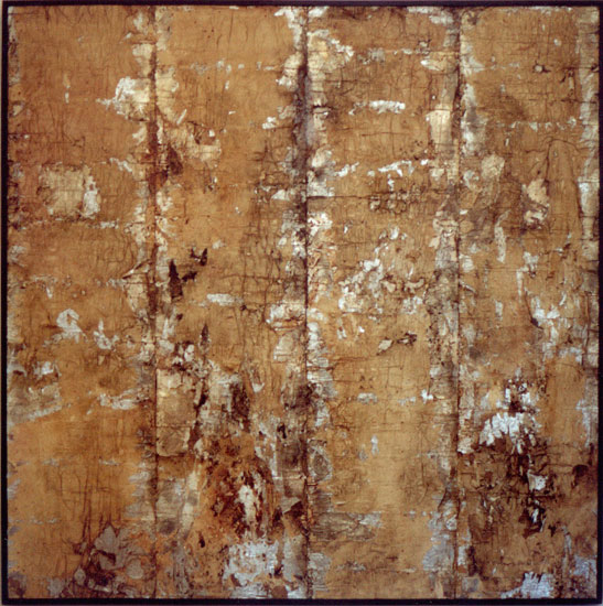 Tanya Bonello, Thermal series, The 4 paths, 1000x1000mm, gypsum, found papermatter, polyurethane and oil on board, 2001