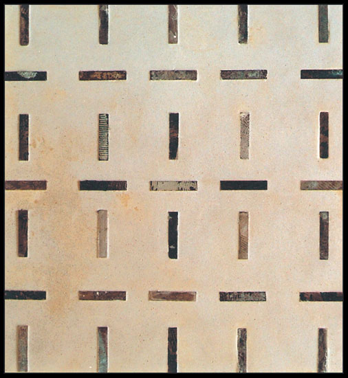 Tanya Bonello, Legominism series, Awake and Asleep, 915x848mm, gypsum, found wood, oxide and sand on board, 2001