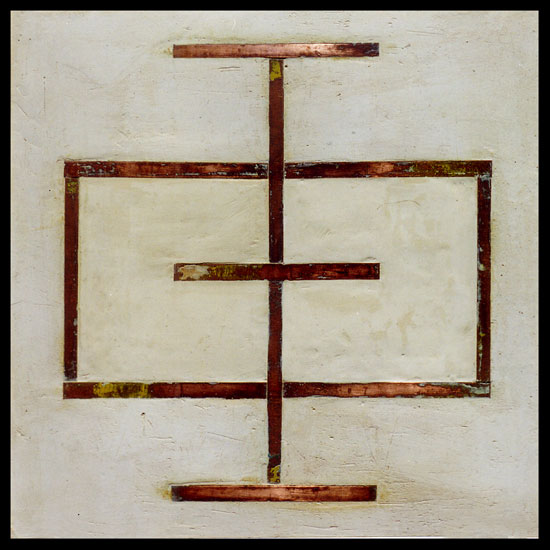 Tanya Bonello, Electrolyte series, No 1, 400x400mm, gypsum, copper, oxide and sand on board, 2000