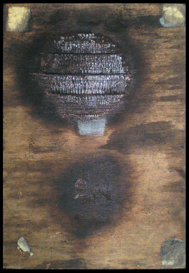 Tanya Bonello, Burnt twice, 600x415mm, found wood on board, 1998
