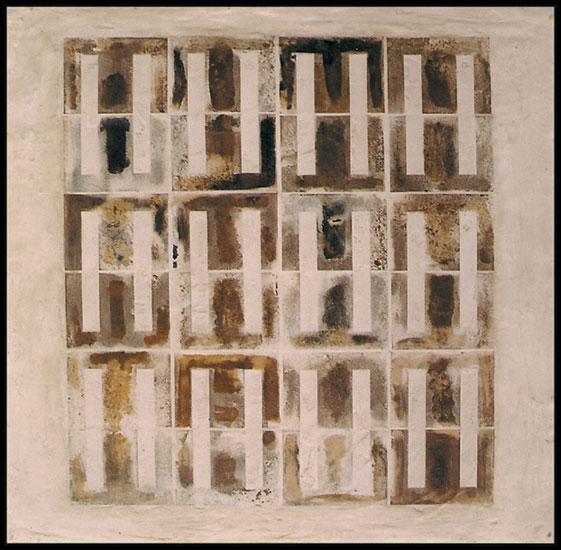 Tanya Bonello, Pyrogen, Sacrifice, 600x610mm, gypsum, oxide and found metal transformers on board, 1998